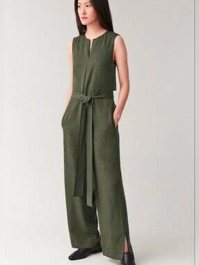 COS Sleeveless Olive Green Open Back Tie-Waist Jumpsuit Sz 4